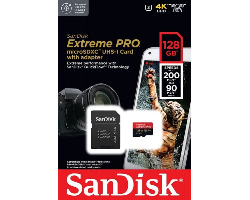Картка пам'яті SanDisk Extreme PRO 128GB microSDXC З АДАПТЕРОМ (200/90 MB/s UHS-I V30 U3 Class 10)
