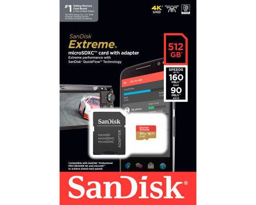 Картка пам'яті SanDisk Extreme 512GB microSDXC з адаптером (160/90 MB/s UHS-I V30 U3 Class 10)